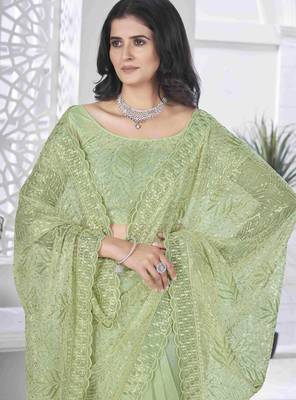 Pista tissue net sequin multi thread embroidered saree with cut work 4