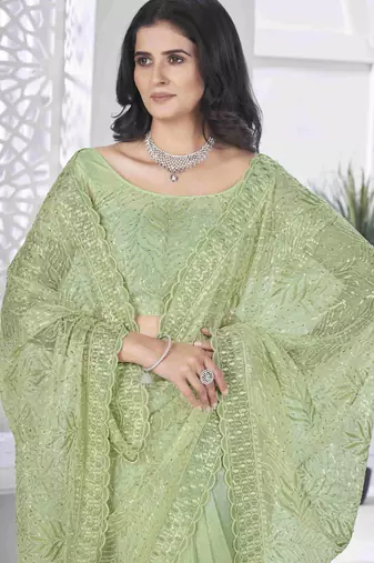 Pista tissue net sequin multi thread embroidered saree with cut work