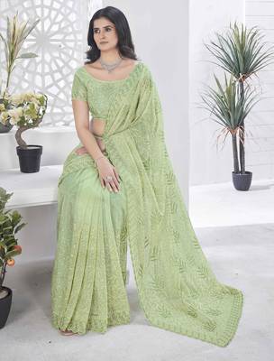 Pista tissue net sequin multi thread embroidered saree with cut work 5