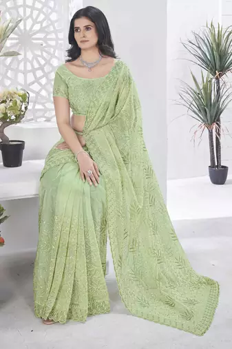 Pista tissue net sequin multi thread embroidered saree with cut work