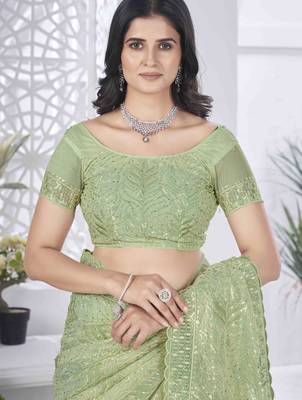 Pista tissue net sequin multi thread embroidered saree with cut work 6