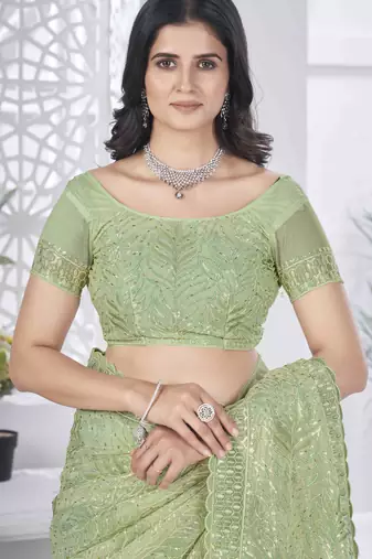 Pista tissue net sequin multi thread embroidered saree with cut work