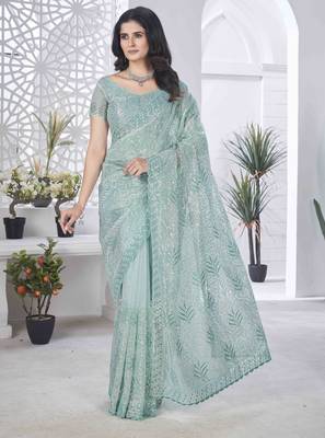 Sea green tissue net sequin multi thread embroidered saree with cut work 1