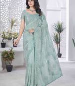 Sea green tissue net sequin multi thread embroidered saree with cut work