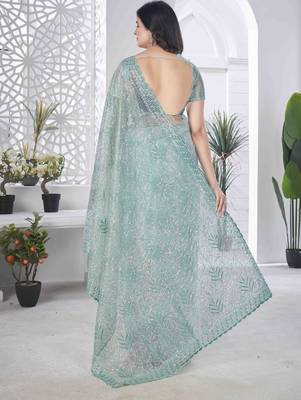 Sea green tissue net sequin multi thread embroidered saree with cut work 3
