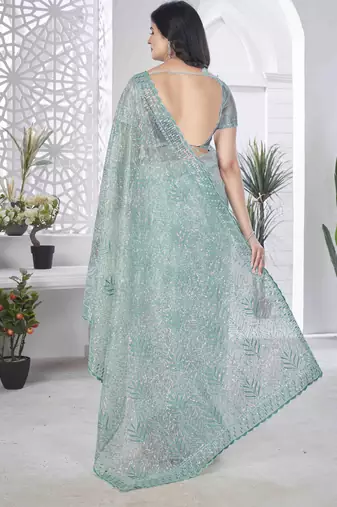 Sea green tissue net sequin multi thread embroidered saree with cut work