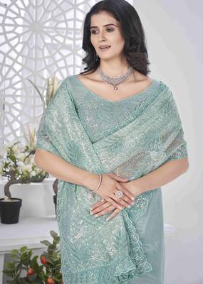 Sea green tissue net sequin multi thread embroidered saree with cut work 4