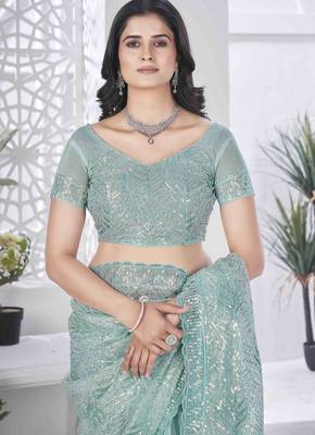 Sea green tissue net sequin multi thread embroidered saree with cut work 6