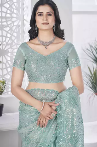 Sea green tissue net sequin multi thread embroidered saree with cut work