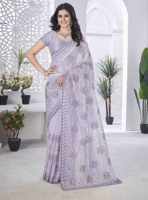Lavender tissue net sequin multi thread embroidered saree with cut work 1