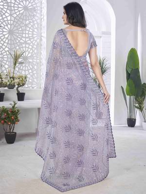 Lavender tissue net sequin multi thread embroidered saree with cut work 3