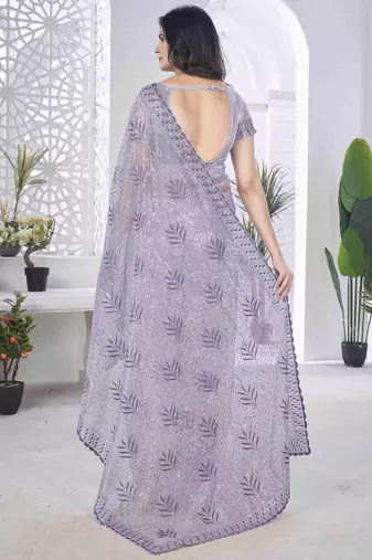 Lavender tissue net sequin multi thread embroidered saree with cut work