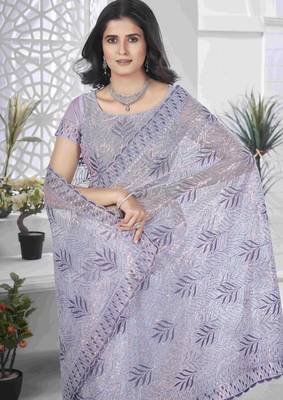Lavender tissue net sequin multi thread embroidered saree with cut work 4