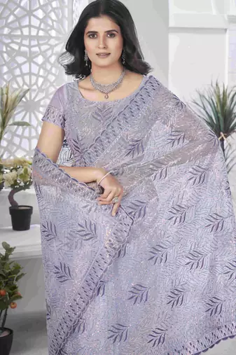 Lavender tissue net sequin multi thread embroidered saree with cut work