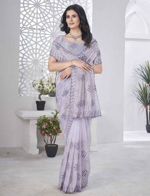 Lavender tissue net sequin multi thread embroidered saree with cut work 5