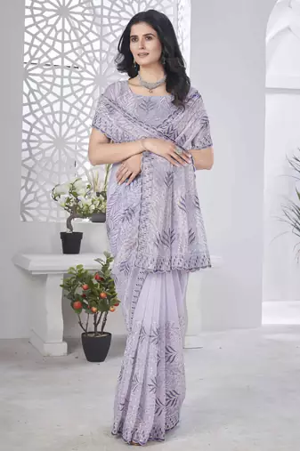 Lavender tissue net sequin multi thread embroidered saree with cut work