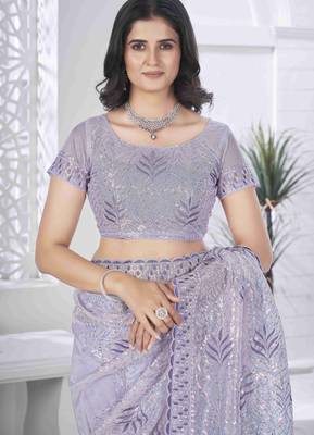 Lavender tissue net sequin multi thread embroidered saree with cut work 6