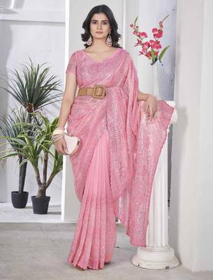 Pink tissue net sequin multi thread embroidered saree with cut work 1