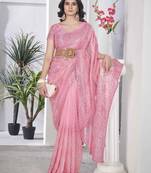 Pink tissue net sequin multi thread embroidered saree with cut work