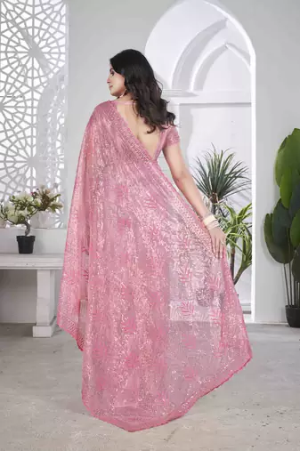 Pink tissue net sequin multi thread embroidered saree with cut work