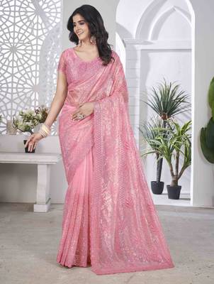 Pink tissue net sequin multi thread embroidered saree with cut work 5