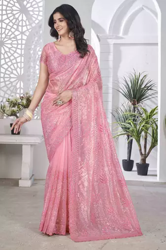 Pink tissue net sequin multi thread embroidered saree with cut work