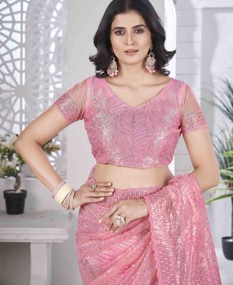 Pink tissue net sequin multi thread embroidered saree with cut work 6