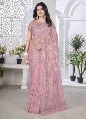 Onion tissue net sequin multi thread embroidered saree with cut work 1