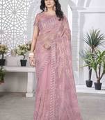 Onion tissue net sequin multi thread embroidered saree with cut work