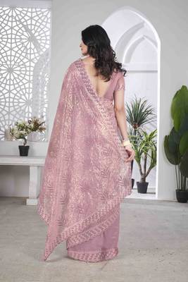 Onion tissue net sequin multi thread embroidered saree with cut work 3