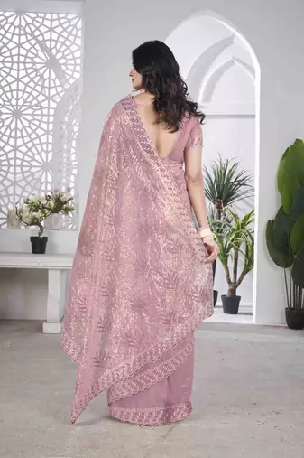 Onion tissue net sequin multi thread embroidered saree with cut work