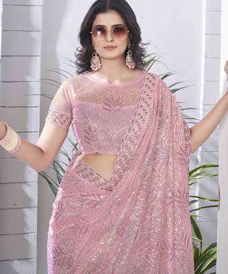 Onion tissue net sequin multi thread embroidered saree with cut work 4