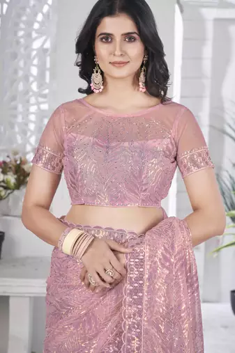 Onion tissue net sequin multi thread embroidered saree with cut work
