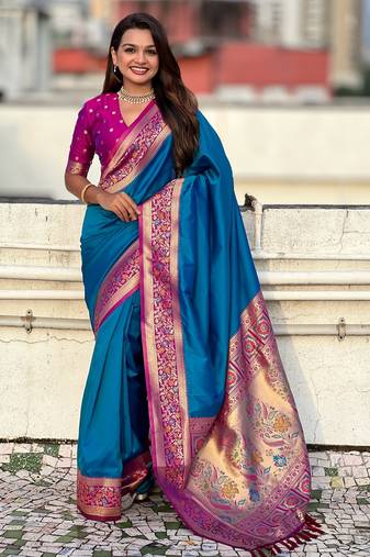 Woven kadiyal paithani teal blue art silk saree
