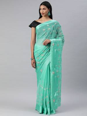 Hand embellished gota patti blue chiffon sustainable saree 1