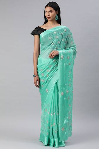 Hand embellished gota patti blue chiffon sustainable saree