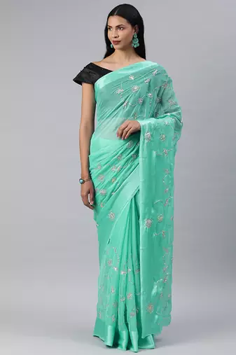 Hand embellished gota patti blue chiffon sustainable saree