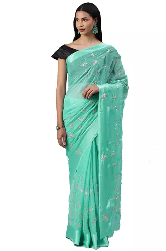 Hand embellished gota patti blue chiffon sustainable saree