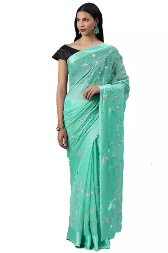 Hand embellished gota patti blue chiffon sustainable saree