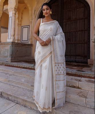 White hand block printed pure chanderi sustainable saree 1