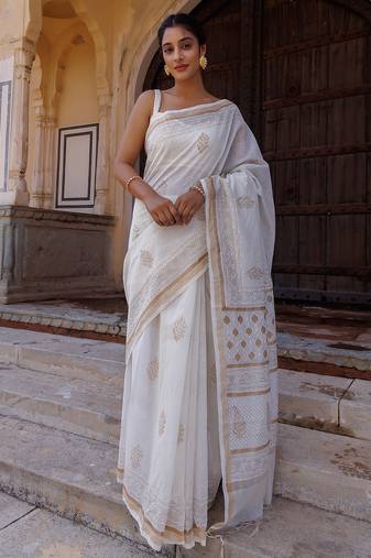 White hand block printed pure chanderi sustainable saree