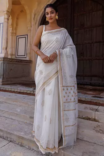 White hand block printed pure chanderi sustainable saree