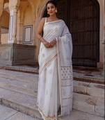 White hand block printed pure chanderi sustainable saree