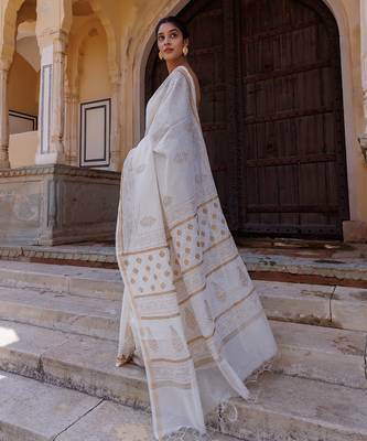 White hand block printed pure chanderi sustainable saree 2