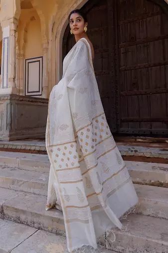 White hand block printed pure chanderi sustainable saree