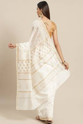 White hand block printed pure chanderi sustainable saree 3