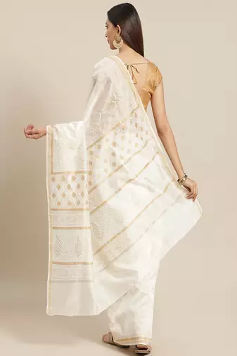 White hand block printed pure chanderi sustainable saree