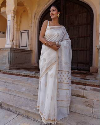White hand block printed pure chanderi sustainable saree 4