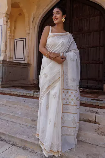 White hand block printed pure chanderi sustainable saree