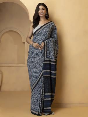 Blue & white floral block print pure cotton bagru saree 1